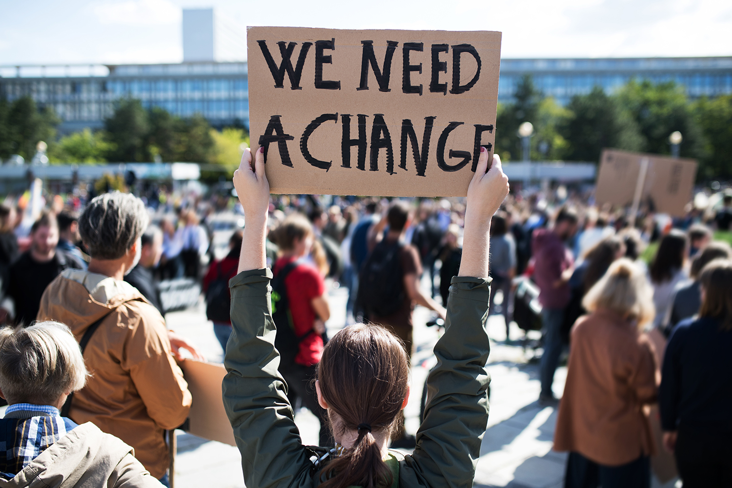 A rear view of people with placards and posters on global strike for climate change.